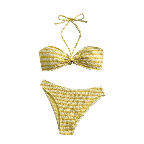 Odbmxy Two Piece Swimsuit for Women Bikini Halter Womens Bathing Suits High Cut Striped Vacation Bralette Swimwear,Yellow L