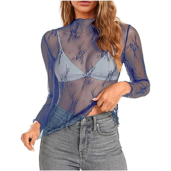 Odbmxy Undershirt for Women Long Sleeve Lace Plus Size Womens Tops Layering Leisure Mesh Slim Plain Tops,Blue L