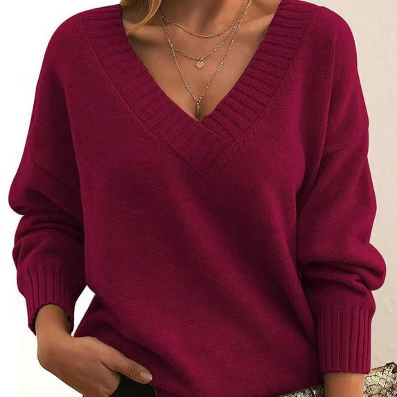 Odbmxy V-Neck Oversized Sweaters for Women Long Sleeve Fall Sweaters Women Plus Casual Plain Knit Loose Red Sweaters