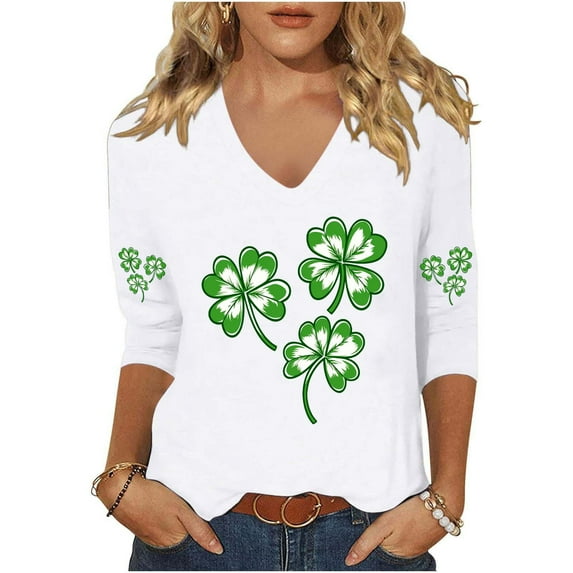 Odbmxy V-Neck Plus Size Tshirts Women St Patricks Day 3/4 Sleeve Womens Shirts Party Graphic Loose White Funny Leisure Shirts