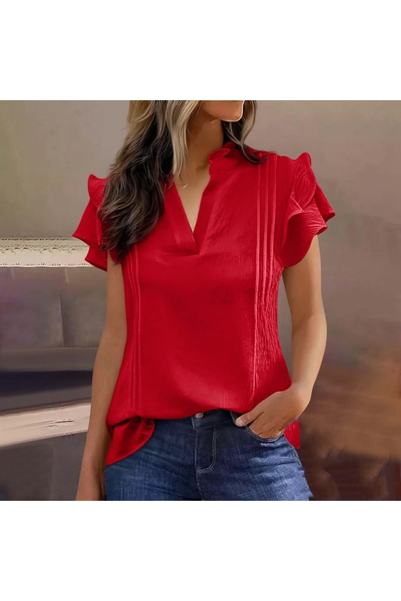 V-Neck Shirts for Women Summer Short Sleeve Women's Blouse Red Fancy Solid Color Dressy Slim Office Ruffles Tops