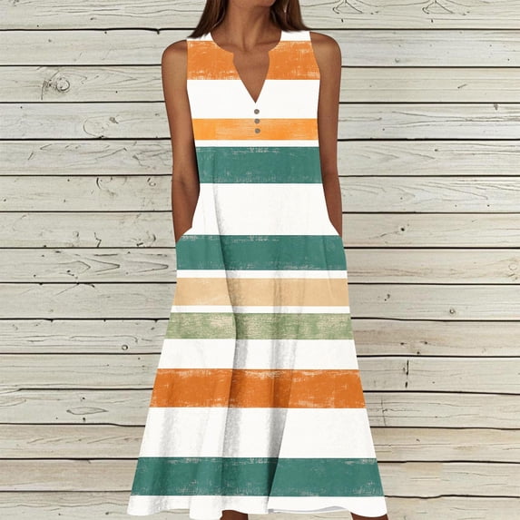 Odbmxy V-Neck Sun Dresses for Plus Size Women Summer Tank Women Midi Dress Loose Tunic Retro Holiday Color Block Dress