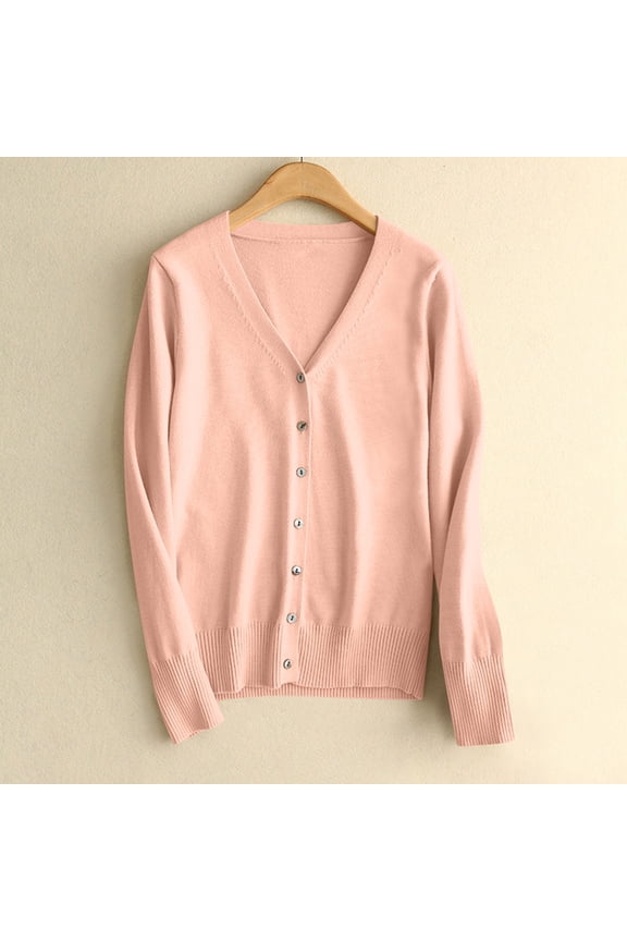 V-Neck Sweater Women Long Sleeve Sweaters for Women Plus Size Cardigan Button up Solid Pink Soft Relaxed Fit Sweaters