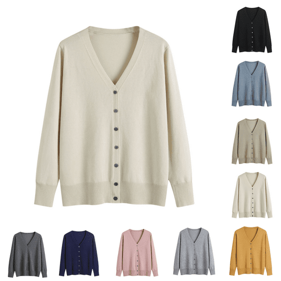 Odbmxy V-Neck Sweater for Women Long Sleeve Women Cardigan Sweater Solid Color Button up Beige Regular Knitted Sweaters