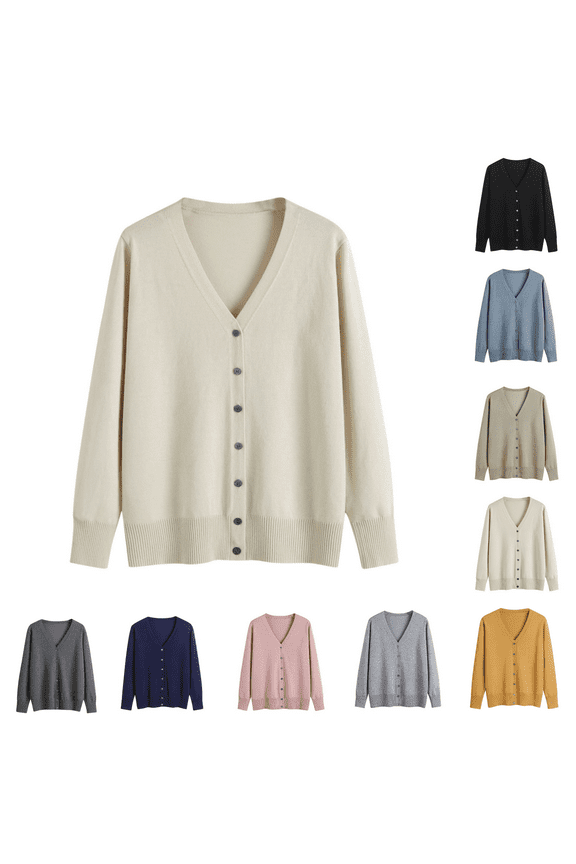 V-Neck Sweater for Women Long Sleeve Women Cardigan Sweater Solid Color Button up Beige Regular Knitted Sweaters