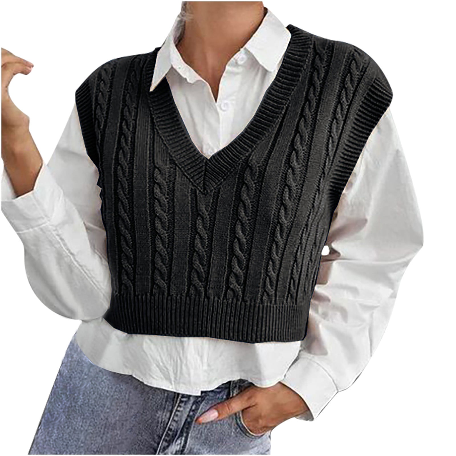 Odbmxy V-Neck Sweaters for Women Cropped Sleeveless Sweater Vest