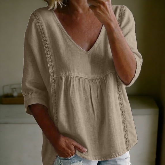 Odbmxy V-Neck T-Shirt Women Fall 3/4 Sleeve Casual Loose Plain Beach Vacation Tops for Women Lace