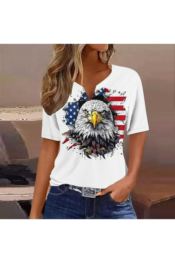 V-Neck T Shirts for Women Short Sleeve Independence Womens Shirts Eagle Leisure Summer Holiday Loose Button Tops