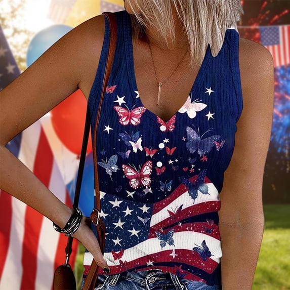 Odbmxy V-Neck Tank Tops for Women Summer Fourth of July Sleeveless Funny Loose Casual Vacation Graphic Women's Tops