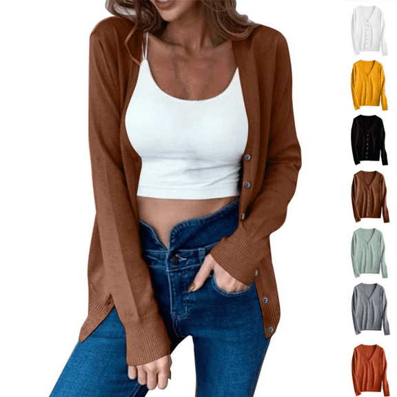 Odbmxy V-Neck Women Sweater Long Sleeve Sweater Cardigan Women Knit Button up Solid Color Loose Brown Sweaters