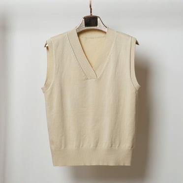 Odbmxy V-Neck Women Sweater Sleeveless Pullover Sweater Vest Women Plus Slim Single Beige Knitted Sweaters