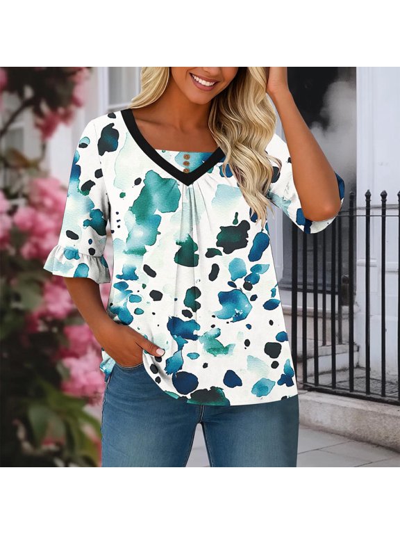V-Neck Women's Blouses Summer Elbow-Length Plus Size Shirts for Women Blue Flared Sleeve Pleated Vacation Graphic Tops