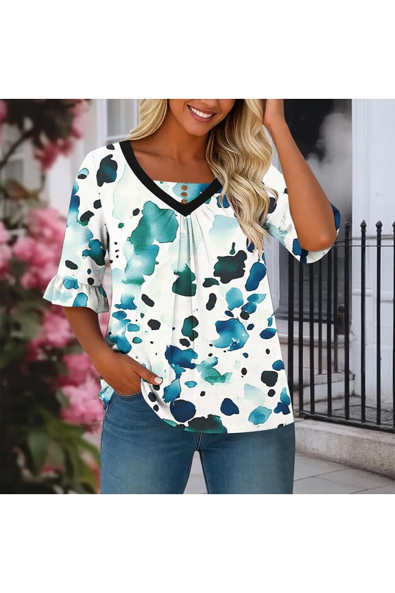 V-Neck Women's Blouses Summer Elbow-Length Plus Size Shirts for Women Blue Flared Sleeve Pleated Vacation Graphic Tops