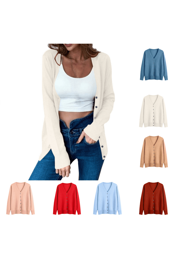V-Neck Women's Sweater Long Sleeve Women Cardigan Sweater Soft Relaxed Fit Solid Beige Button up Sweaters