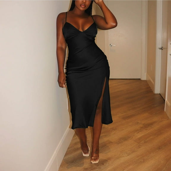 Odbmxy V-Neck Womens Midi Dresses Sleeveless Bodycon Womens Dress Solid Color Club Slim Adjustable Party Dresses,Black S