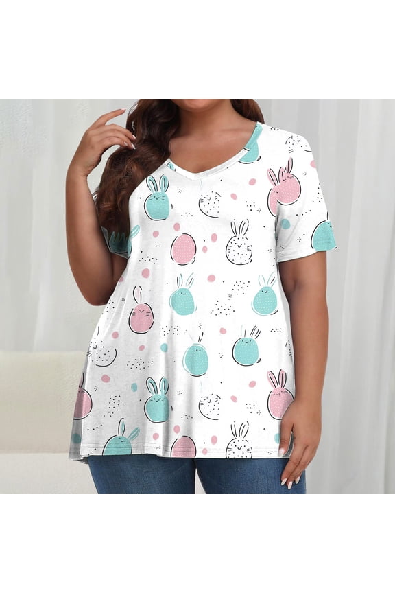 V-Neck Womens T Shirts Plus Size Short Sleeve Easter Women's Shirts Classic Fit Leisure Vacation Beach Print Tops