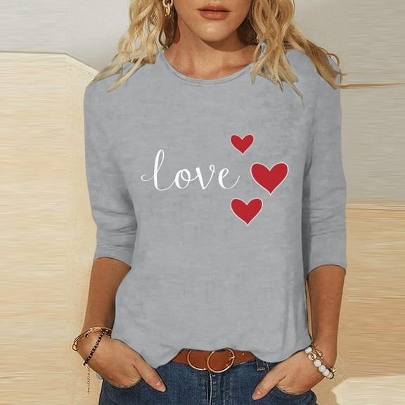 Odbmxy Valentine Tee Shirts for Women 3/4 Sleeve Ladies Plus Size Tops Regular Tunic Love Print Leisure Vacation Tops Gray