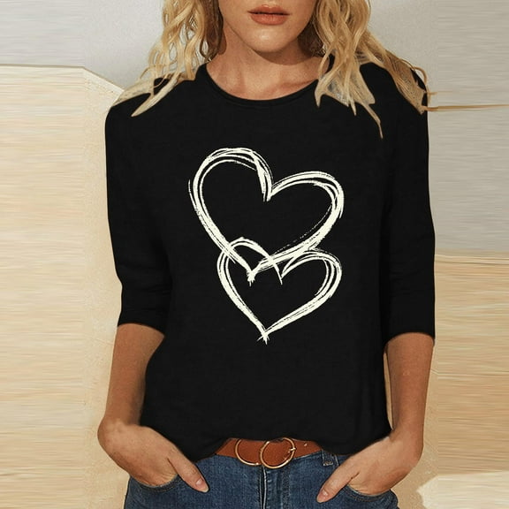 Odbmxy Valentine Women T Shirt 3/4 Sleeve Ladies Plus Size Tops Soft Holiday Heart Print Loose Casual Tops Black
