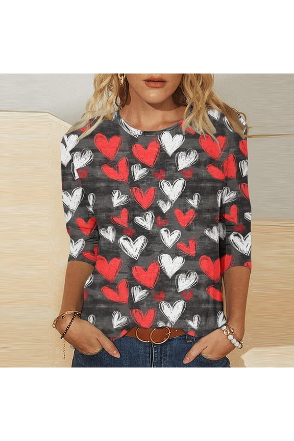 Valentine's Day Tshirts Shirts for Women 3/4 Sleeve Plus Size Tops for Women Casual Heart Print Holiday Romantic Tops