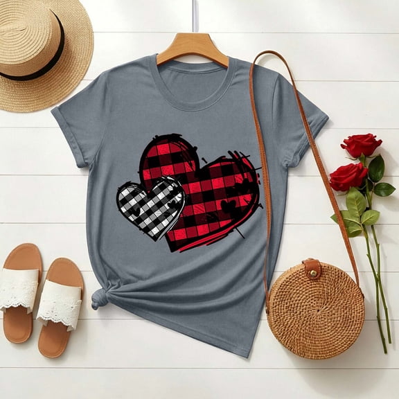 Odbmxy Valentine's Day Womens Shirt Short Sleeve Funny Ladies Tops Party Gray Heart Print Regular Casual Shirts
