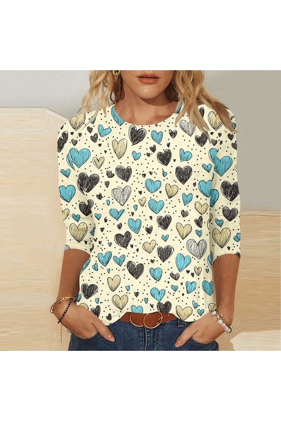 Valentines Day T Shirts for Women Plus Size 3/4 Sleeve Tops Women Romantic Leisure Loose Vacation Heart Print Tops Yellow