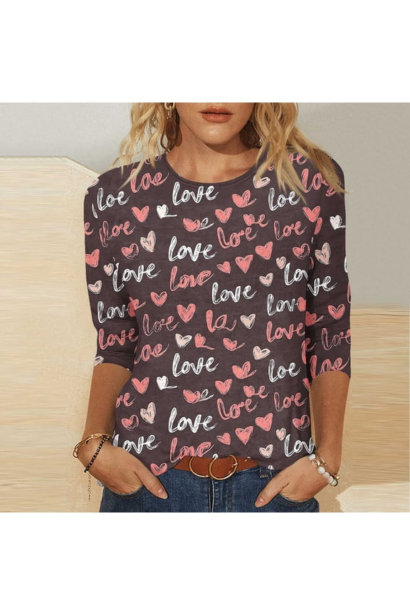 Valentines Day Womens Tee Shirts Plus Size 3/4 Sleeve Womens Tops Love Print Casual Festivals Regular Romantic Tops Pink