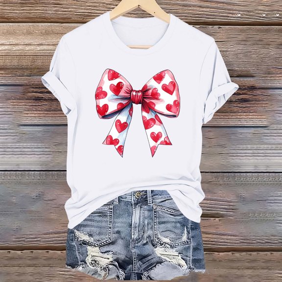 Odbmxy Valentines Tshirts Shirts for Women Short Sleeve Holiday Plus Size Tops Women Bow Print Soft Regular Leisure White Shirts