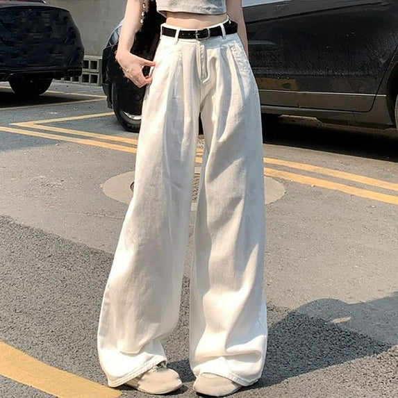 Odbmxy Wide-Leg Jeans Pants Women High Rise Full Length Womens Pants Stretch Palazzo Pockets Denim Loose Casual Jeans,White XL