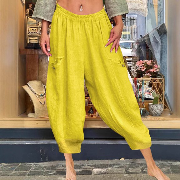 Odbmxy Wide-Leg Plus Womens Pants Cropped Women Trousers Elastic Waist Workout with Pockets Loose Palazzo Yellow Plain Pants,S