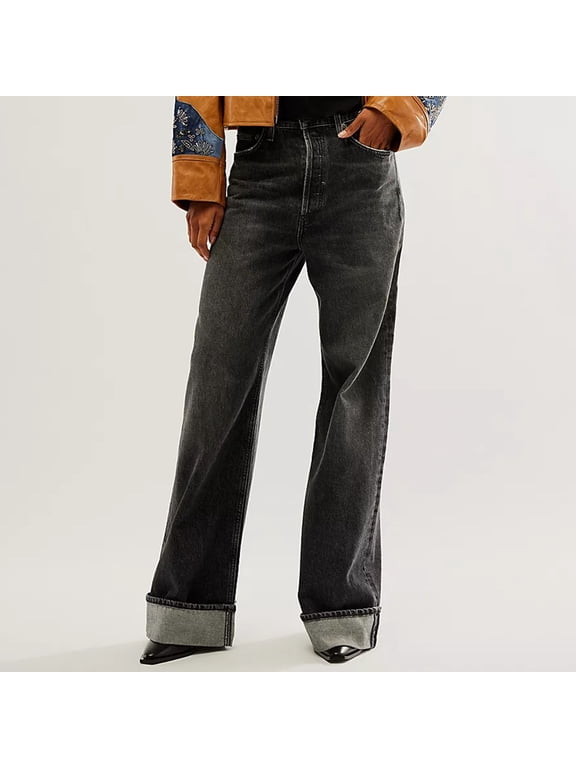Wide-Leg Women Jean Pants Full Length Low Rise Pants for Women Denim Solid Color Zipper Pockets Loose Cuffed Jeans,Black L