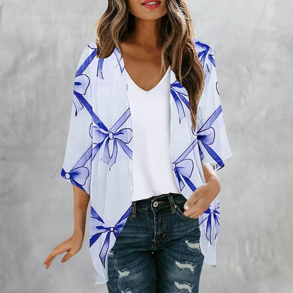 Odbmxy Woman Cardigan Elbow-Length Lightweight Summer Women Plus Size Tops Bow Print Open Front Holiday Regular Cardigans,Blue L