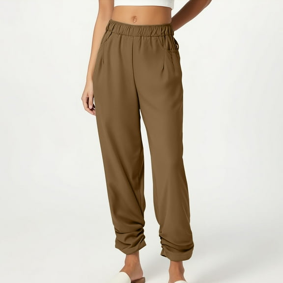 Odbmxy Woman's Pants Plus Cotton Linen Elastic Waist Long Women Trousers Loose with Pockets Brown Solid Casual Slim-Leg Pants,M