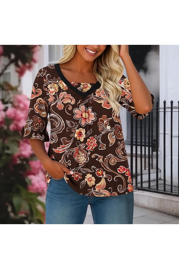 Women Blouse Summer Elbow-Length V-Neck Womens T Shirts Brown Floral Loose Casual Flared Sleeve Pullover Daily Tops