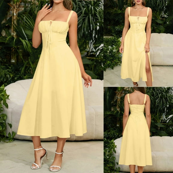 Odbmxy Women Dresses for Summer Sleeveless A-Line Women's Plus Dress Regular Plain Fairy Tunic Vacation Dresses,Yellow M