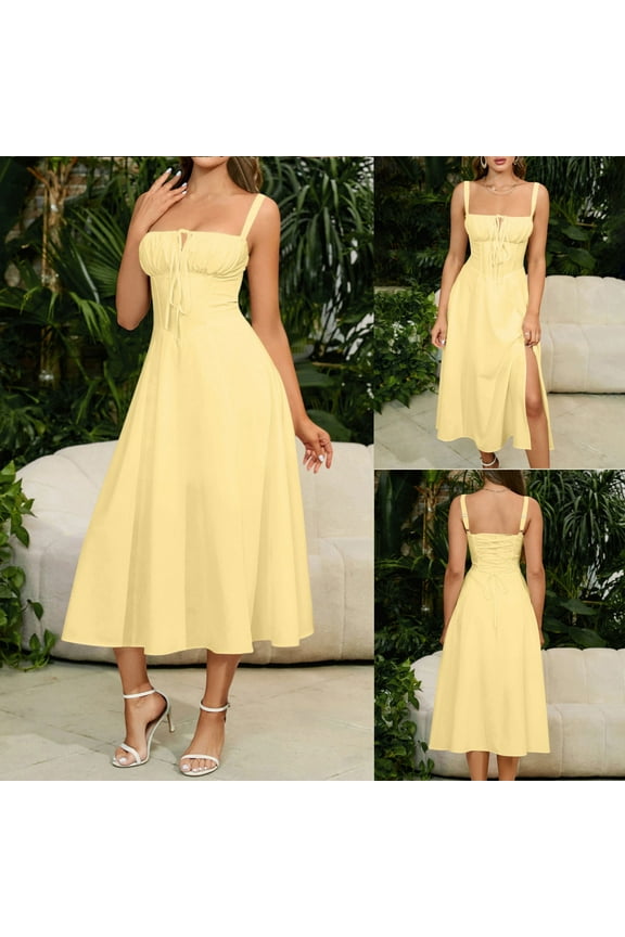 Women Dresses for Summer Sleeveless A-Line Women's Plus Dress Regular Plain Fairy Tunic Vacation Dresses,Yellow M