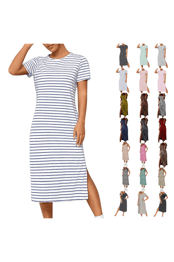 Women Midi Dress Short Sleeve T-Shirt Women Plus Dresses Daytime Pockets Striped Casual Relaxed Fit Dresses,Blue XL