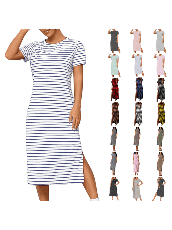 Women Midi Dress Short Sleeve T-Shirt Women Plus Dresses Daytime Pockets Striped Casual Relaxed Fit Dresses,Blue XL