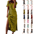 thumbnail image 1 of Odbmxy Women Midi Dress T Shirt Short Sleeve Plus Size Women's Dresses Striped Leisure Loose Sundress V-Neck Dresses,Yellow L, 1 of 5
