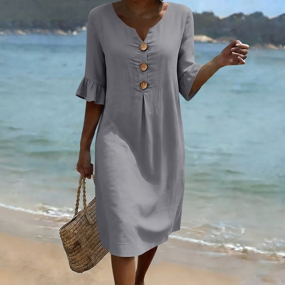 Odbmxy Women Midi Dresses Elbow-Length Summer Sheath Tunic Vacation Ruffles Classy Solid Color Loose Womens Dresses