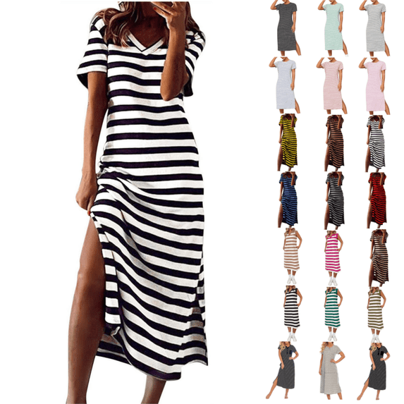 Odbmxy Women Midi Dresses Tshirt Short Sleeve Women's Plus Dress Casual Everyday Loose V-Neck Sundress Color Block Dresses,White L