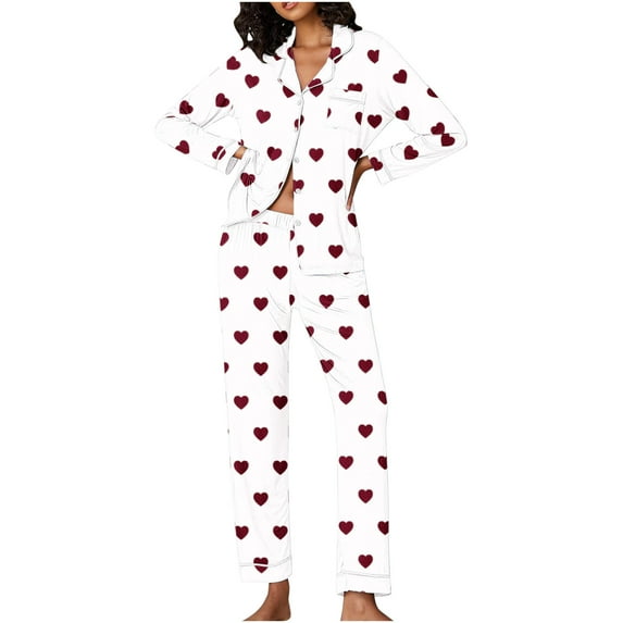 Odbmxy Women Pajama Set Long Sleeve Women's Pajamas Heart Print Fashion Loose White Button up Lounge Sets 2 PC