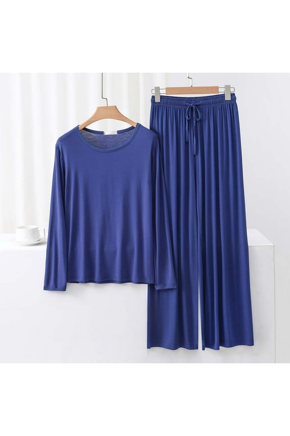 Women Pajama Sets Long Sleeve Cotton Pajama Women Soft Sleepwear Blue Loose Comfy Plain Lounge Sets 2 PC