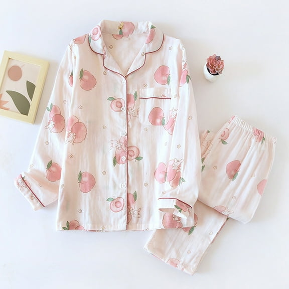 Odbmxy Women Pajamas Sets Cotton Long Sleeve Women Pajamas Button up Print Cute Pink Loose Lounge Sets 2 PC