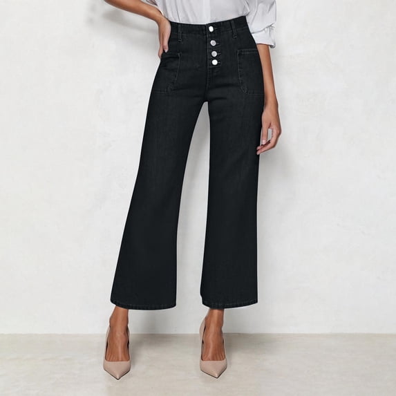 Odbmxy Women Plus Jeans Cropped Straight-Leg High Rise Pants for Women with Pockets Loose Dressy Denim Button Jeans,Black XL