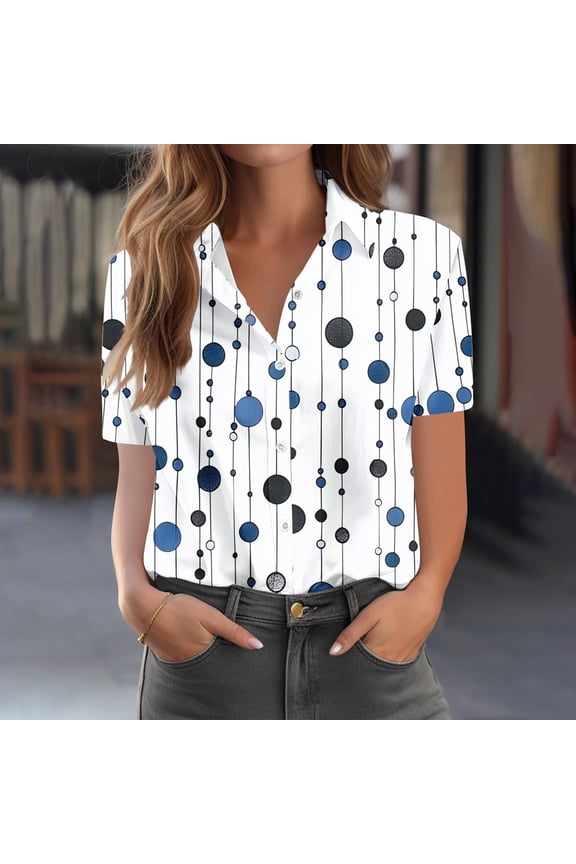 Women Shirts Collared Summer Short Sleeve Womens Top Beach Polka Dots Button Down Cardigan Blue Leisure Loose Tops