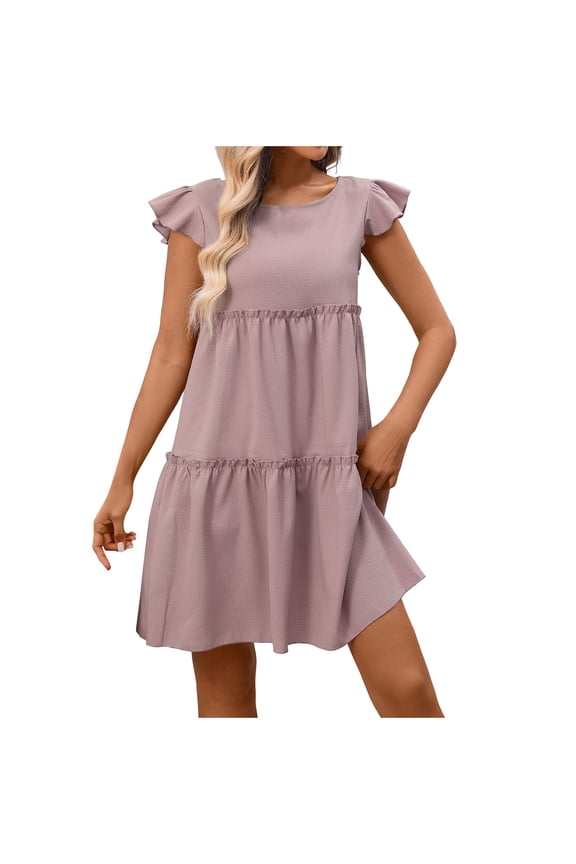 Women Sun Dresses Boho Short Sleeve Summer Womens Mini Dress Fancy Plain Loose Vacation Peplum Dresses