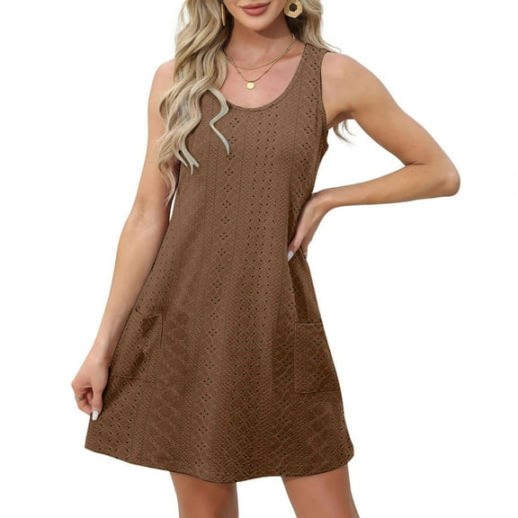 Odbmxy Women Sundress Sleeveless Women Dress Solid Color Cute Relaxed Fit Pocket Holiday Dresses,Brown XL