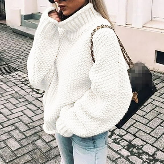 Odbmxy Women Sweater Chunky High Neck Long Sleeve Fall Sweaters Women Plus White Loose Thick Knit Solid Color Sweaters