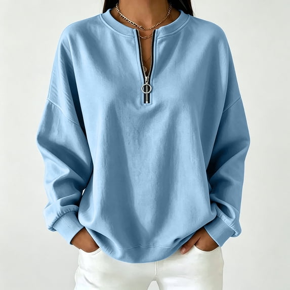 Odbmxy Women Sweatshirt Fall Winter Cotton Long Sleeve Crew Neck Vintage Women Shirts Pullover Zip-Up Leisure Blue