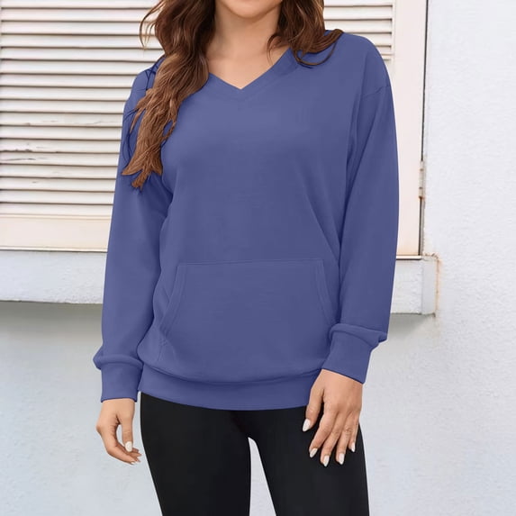 Odbmxy Women Sweatshirt Long Sleeve V-Neck Fall Womans Tops Solid Color Loose Casual Everyday Basic Sweatshirt with Pocket